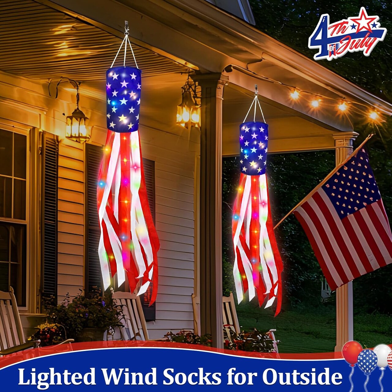 2-Pack 50-Inch American Flag Windsocks with LED Lights – Patriotic 4th of July Outdoor Decorations, 250th Anniversary USA Red, White & Blue Star Stripe Design for Memorial Day, Independence Day, and Holiday Celebrations
